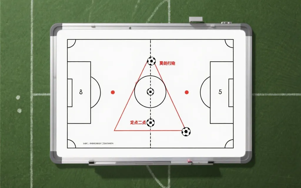 战术板示意：倒三角、弱侧包抄与定位球二点进攻