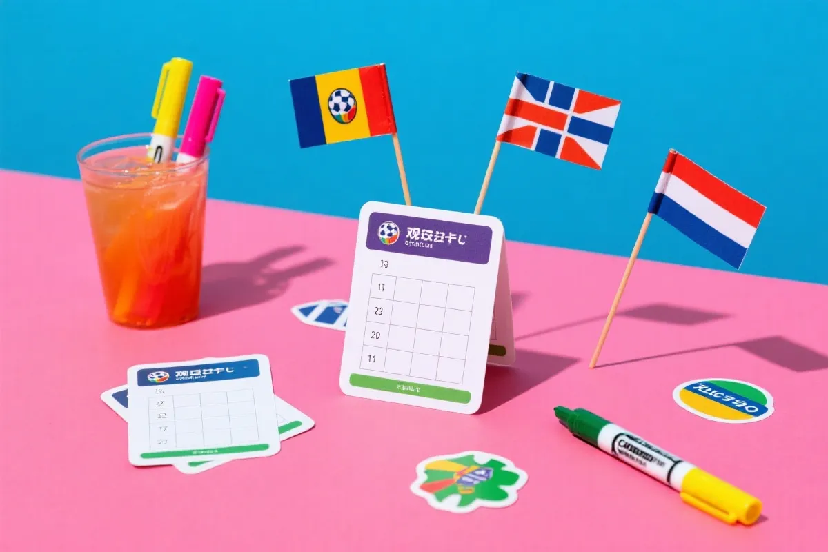 桌面上摆放观赛打卡卡片、贴纸与小旗帜，旁边有饮品与记号笔，适合社交分享的静物摄影
