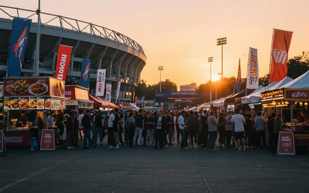 比赛日前的球场外广场与美食摊位，人群与旗帜的热烈氛围